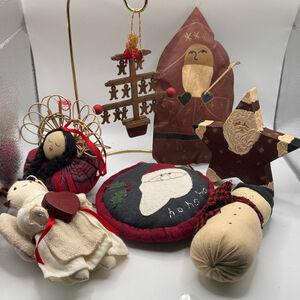 Set of 7 Vintage Primitive Embroidered Christmas Ornaments Multicolor